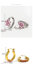 Detailed tile display of floral crystal and pavé heart earrings with size dimensions