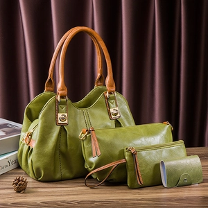 Olive green four-piece PU leather handbag set with tote, shoulder bag, and clutch bags