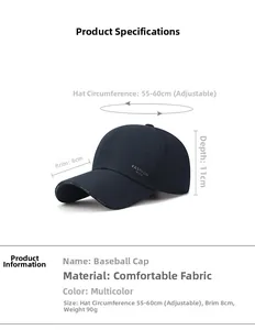 Tableau des tailles pour casquette de baseball réglable avec mesures de 55 à 60 cm