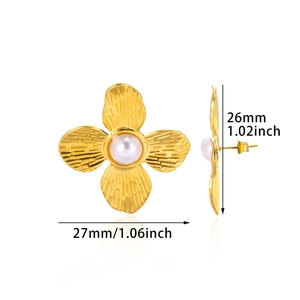 Detailed size view of golden sunflower stud earrings with pearl showing 26mm by 27mm