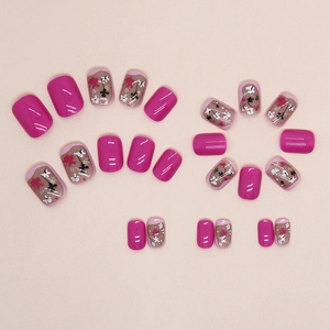 Short square magenta floral press-on nails set with elegant flower patterns and solid colors