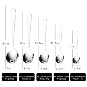 Thickened stainless steel round soup spoons in five sizes for hotels and home dining