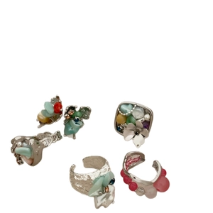 Handmade beaded rings with colorful natural stones and silver floral accents in French retro style