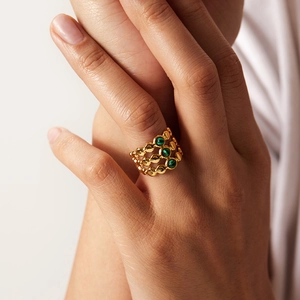 Bague multicouche élégante plaquée or 18 carats avec pierres de malachite verte