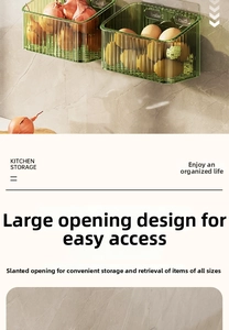 Close-up of wall-mounted green storage box with a wide opening for kitchen veggies
