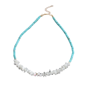 Handmade necklace with sky blue beads, white natural stones and gold lobster clasp