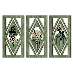 Three-piece diamond wood wall art set with green leaf patterns and gold splatters