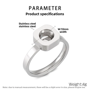 Macro shot of 10mm stainless steel square ring with product specifications and dimensions