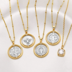 Collar Con Colgante Religioso Virgen María Cobre Chapado En Oro 18K Circón Bicolor Medalla San Benito Rotatoria Joyería