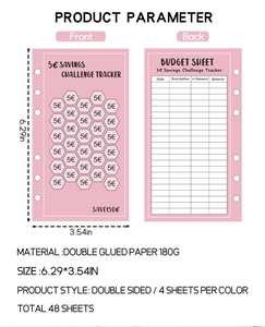 Macro view of A6 pink 5 Euro savings challenge tracker inserts made of 180g offset paper