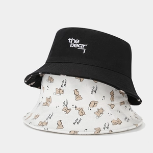 Double-sided UV protection bucket hats with bear embroidery and cartoon print