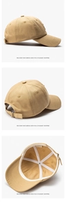 Detailed views of khaki cotton baseball cap with adjustable strap and interior lining