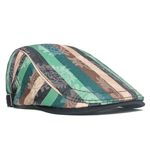 Retro striped flat cap with floral jacquard in olive and brown tones and black brim