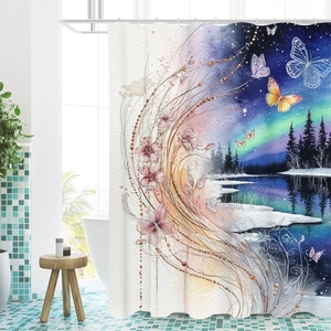 Artistic shower curtain with floral and starry night designs in a bathroom setting