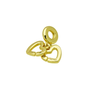 Detailed view of gold-plated sister heart charms with Sis and Sister engravings