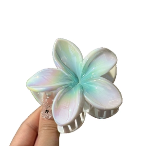 Pearlescent frangipani flower hair claw clip with holographic laser finish for women