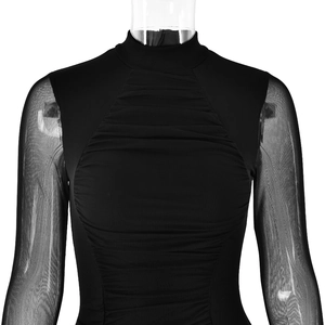 Detail of elegant black dress with high neck, mesh long sleeves and ruched texture