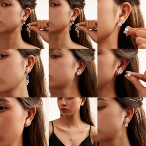 Collage of silver earrings and necklace with blue and white zircon on a model