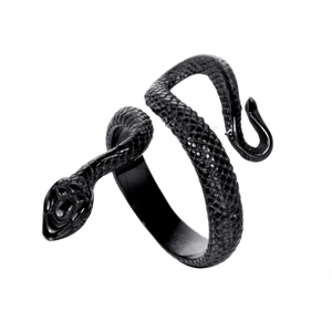 Vintage black snake wrap ring with detailed scale texture and adjustable open band design