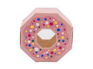 Pink octagonal gift box featuring a doughnut pattern and a hollow-out window design
