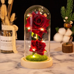 Eternal Rose In Glass Dome LED Light Wood Base Preserved Flower Decor For Valentines Day Anniversary Gift