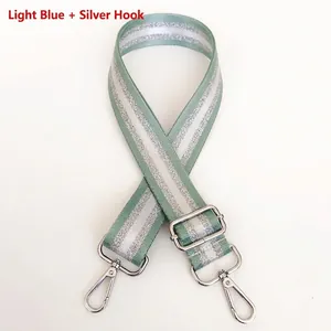 Close-up of adjustable nylon bag strap in light blue with silver sequin stripes
