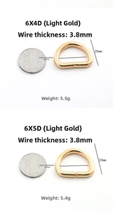 Detailansicht der hellgoldenen Metall D-Ringe mit Größenmaßen und einer Referenzmünze