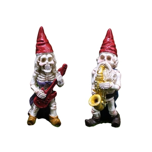 Musical skeleton garden gnomes set with red hats playing guitar and saxophone