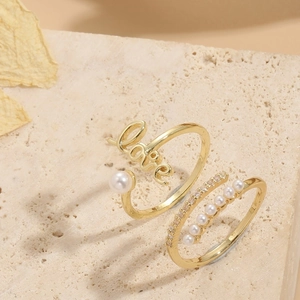 Elegant 14K gold plated ring set with Love script pearl and sparkling zircon accents