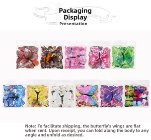 Macro detail of 11 multi-color packs of 3D decorative PVC butterflies in flat packaging