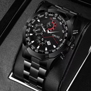 Reloj ORUSS para hombre en metal negro con pantalla de calendario y taquímetro