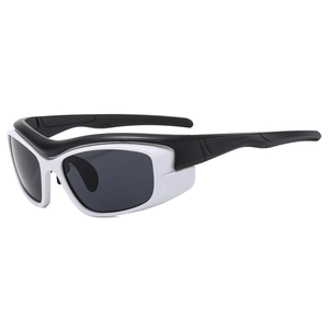 Y2K sporty cycling sunglasses with black and white frames and smoke lenses on white background