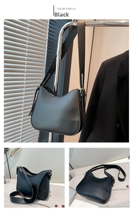 Detailed views of a black PU leather underarm bag with gold zippers and a wide shoulder strap