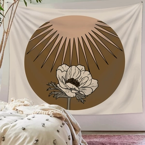 Bohemian sun and floral tapestry wall hanging in earthy tones for minimalist bedroom decor