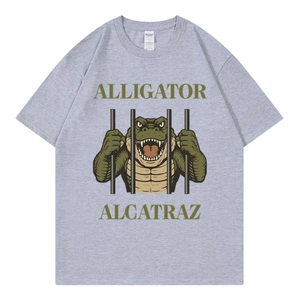 Short sleeve grey t-shirt featuring Alligator Alcatraz print and classic round neck