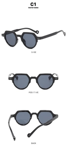 Detailansicht der schwarzen geometrischen Sonnenbrille mit sechseckigem Rahmen und Gläsern