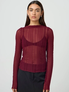 Sexy slim fit burgundy long sleeve top with sheer vertical pleats and crew neck