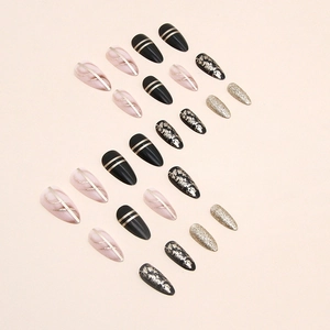 Black almond press-on nails set with gold foil glitter and marble design for women
