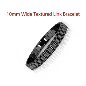 Detail of 10mm wide black stainless steel link bracelet with matte finish for men