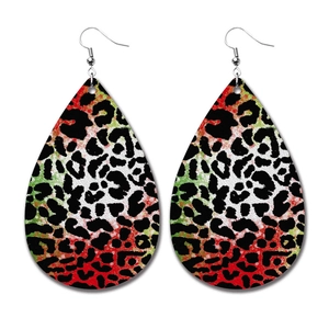 Macro detail of teardrop faux leather earrings featuring red green leopard print patterns