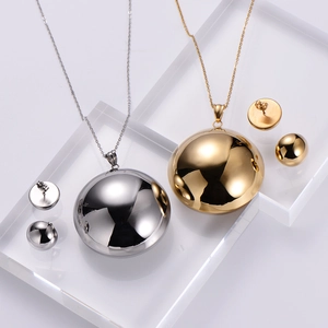 Minimalist geometric round ball pendant necklace and earring set in gold and silver finish