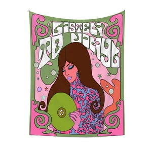 Close-up of retro psychedelic tapestry featuring woman holding vinyl with art text