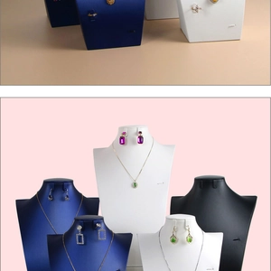 Tiered jewelry bust display set for necklaces and earrings in blue, white, and matte black