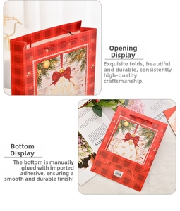 Detail of Christmas gift bag handle and stable glued base with festive plaid design