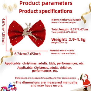 Detailed view of red Christmas bow hair clip with gold glitter reindeer and measurements