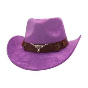 Close-up of purple suede western cowboy hat with silver bull head ornament