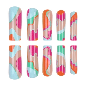 Colorful abstract wave pattern on long ballerina-shaped press-on nails set of 10