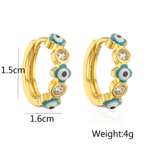 Detail view showing 1.5cm evil eye hoop earrings in gold with zircon and 4g weight info