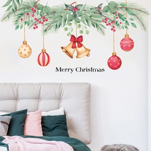 Festive Christmas wall sticker with pine branches, bells, balls and Merry Christmas text