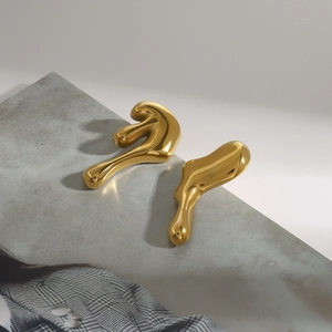 Lava fluid liquid metal stud earrings in gold finish for women made of stainless steel